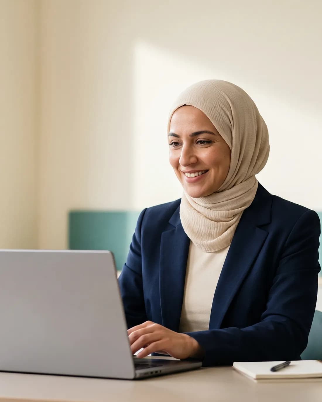 شابة سعودية بالحجاب تبتسم أمام حاسوبها المحمول