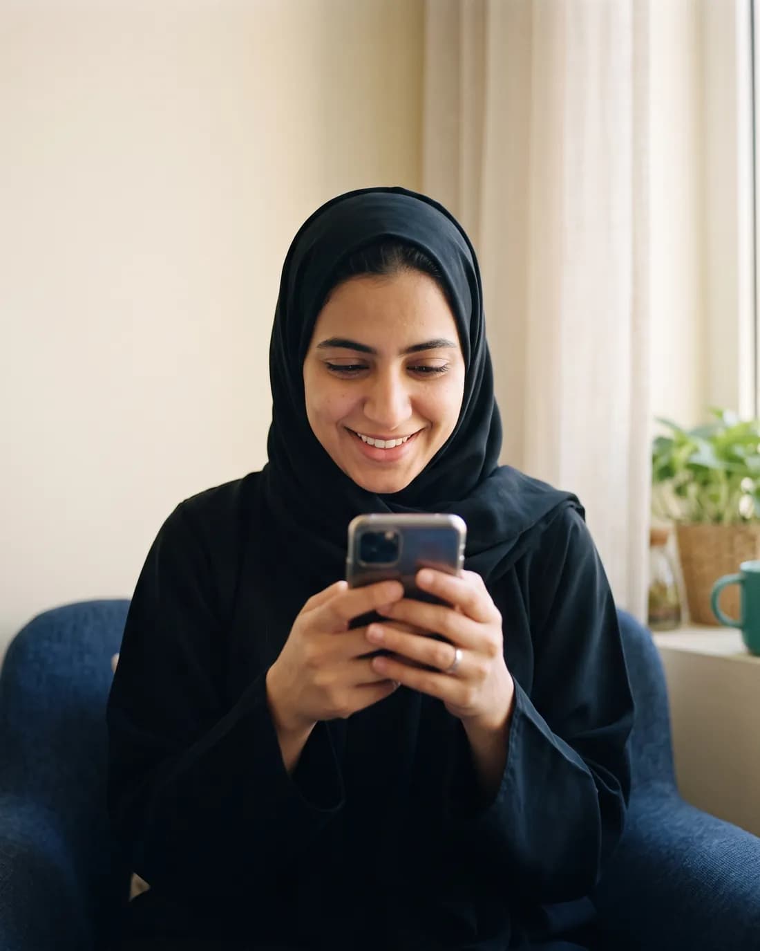 شابة سعودية تبتسم وهي تقرأ إشعار التطابق على جوالها في البيت