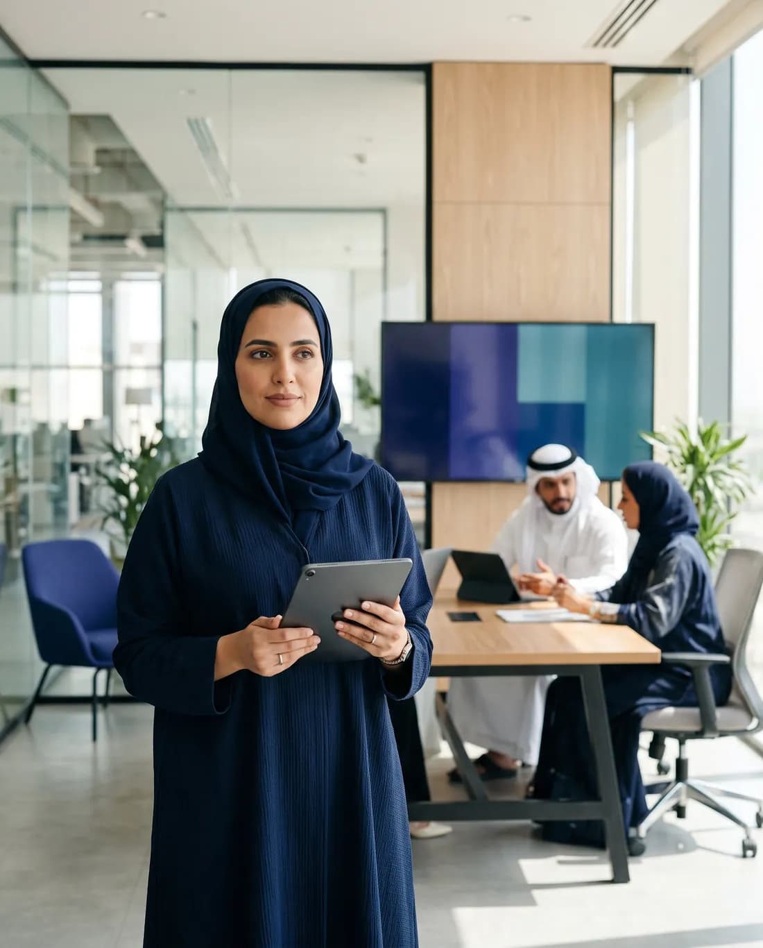 مسؤولة توظيف سعودية تحمل جهازاً لوحياً وفريقها يعمل خلفها